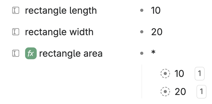 our same formula node, but now with two Tana references to the _10_ and _20_ we had entered above as children of the asterisk node